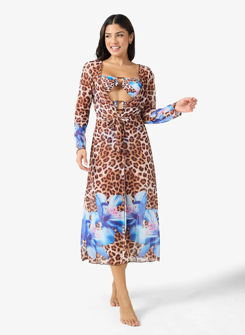 جينجر 3Pc Floral Leopard Print Bikini Set With Cover Up Kimono